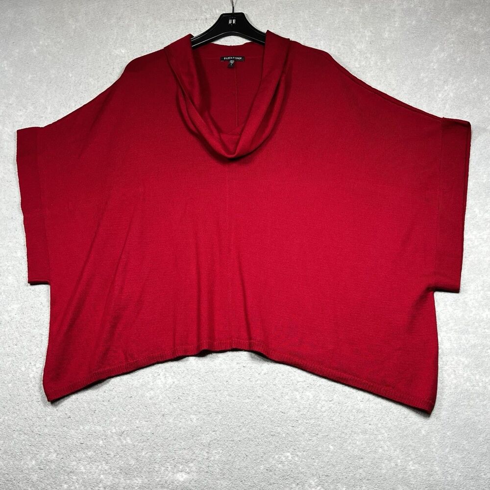 Eileen Fisher Sweater Womens L Red Merino Wool Italian Yarn Pullover Cowl Neck